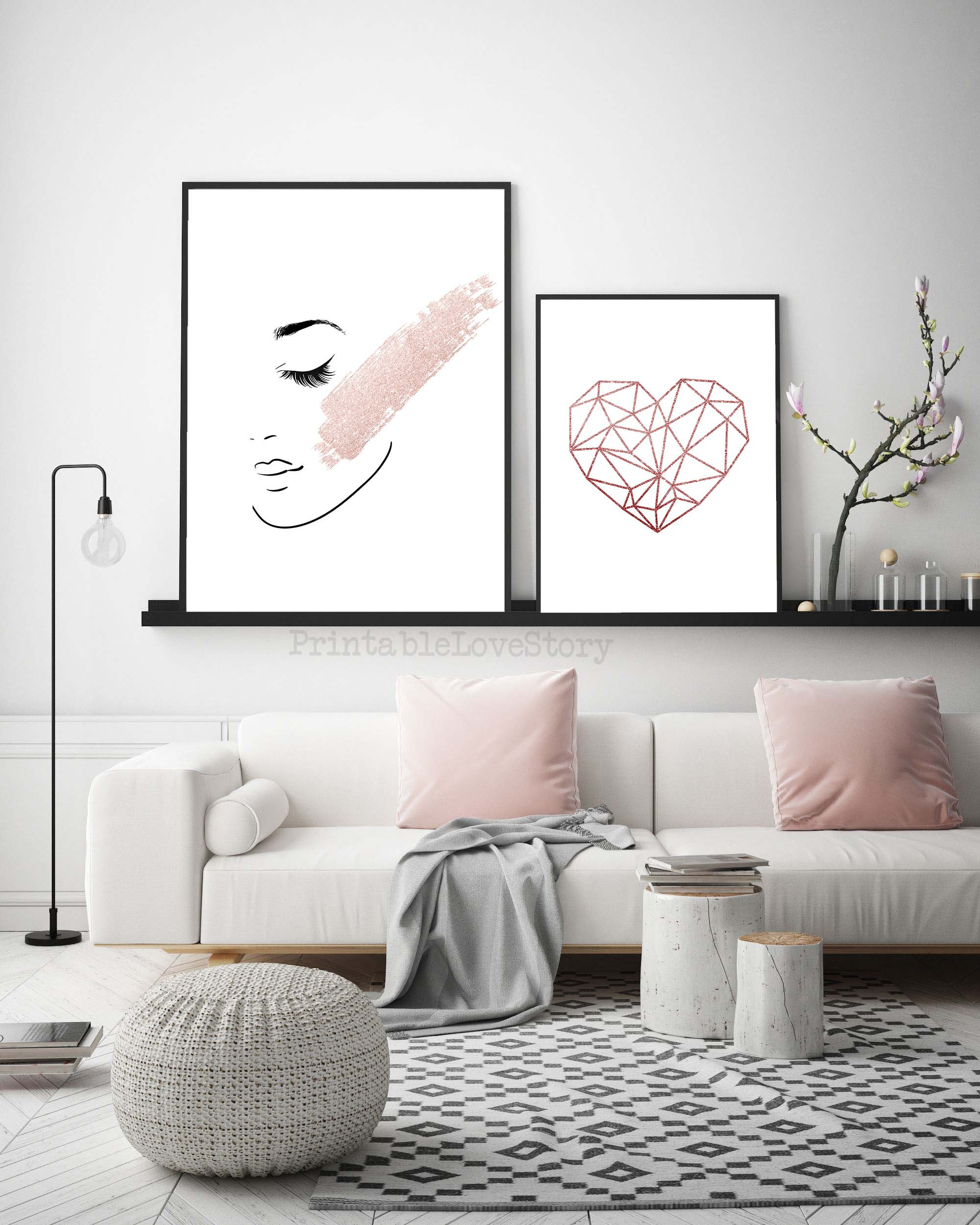 Set of 2 Designer Girl Teen Wall Art. Woman Sketch Looking at Roses and  Personalised Initial Print With Matching Roses. Girls Bedroom Art 