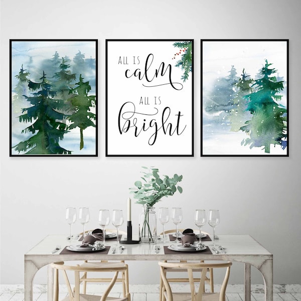 Set de acuarelas de árboles de Navidad, decoración navideña escandinava (descarga digital)