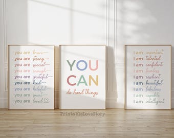 Set di stampe con affermazioni per bambini, decorazioni per la sala giochi e l'aula (download digitale)