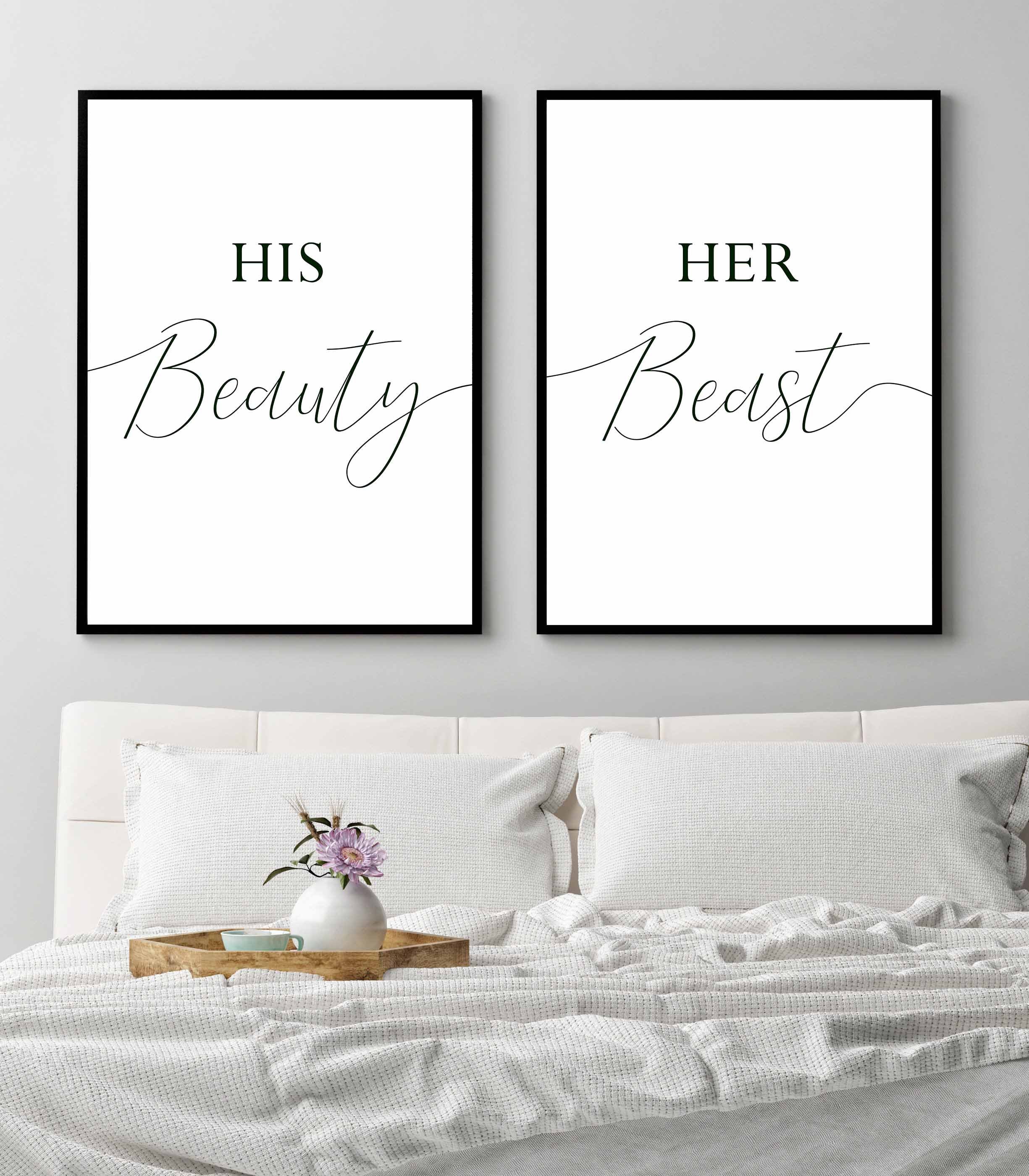 Set of 3 Beauty and the Beast His & Hers Typography Bedroom Home Print Wall Art 
