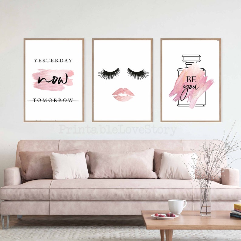 Eyelash decor,Makeup art,Rose gold room decor,Perfume Bottle Print,Set of 3 prints,Bedroom Wall Decor,Pink wall art,Printable wall art,Beyou image 3