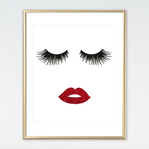 Lips & Lashes Makeup Print INSTANT Download Digital Printable Watercolor Wall Decor Art, eyelashes, eyelash, lash fashion print, red lips image 4