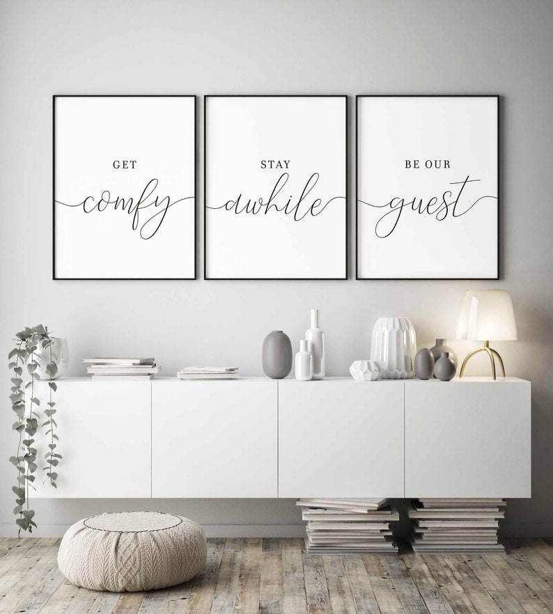 Get Comfy,Stay A While,Be Our Guest,Set of 3 Wall Art,Guest Room Decor,Be Our Guest Sign,Guest Room Signs,Guest Room Prints,Wedding Table image 2