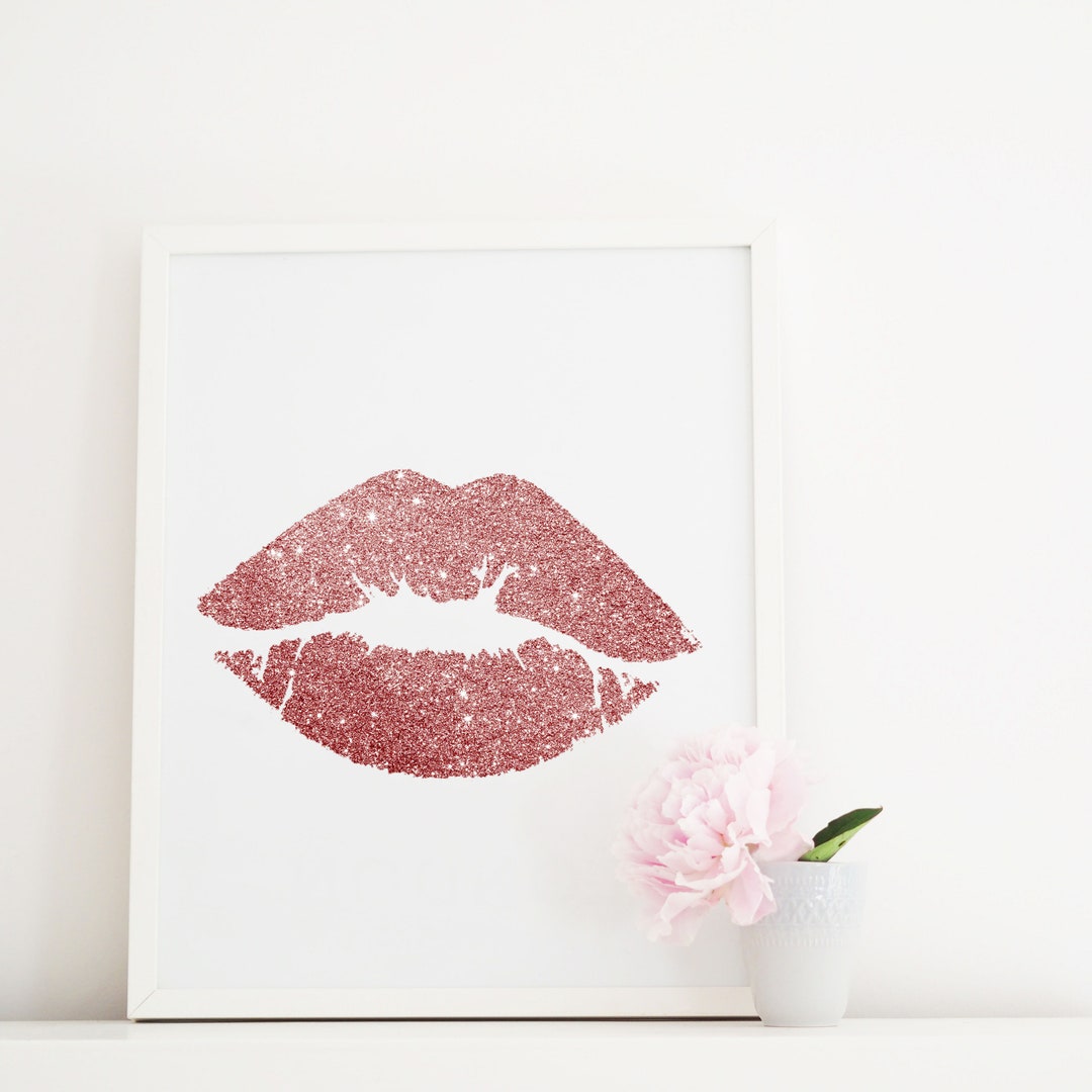 Lips Print,lips Wall Art,rose Gold Lips Printable,kiss Print,glitter ...
