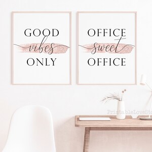 Home office decor,Office sweet office sign,Office blush decor,Good vibes only printable,Office wall art set,Fluid abstract art,Blush decor image 4