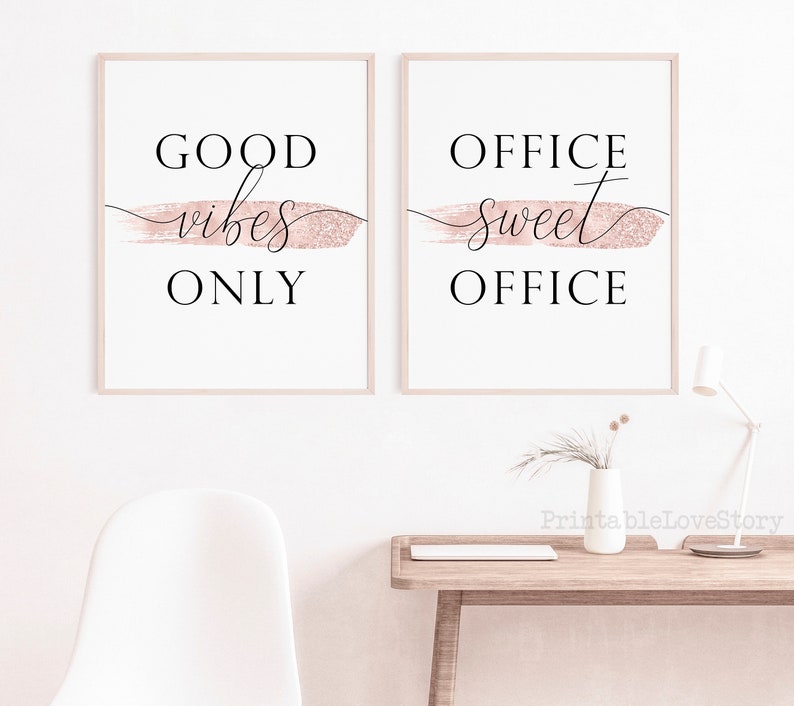 Home office decor,Office sweet office sign,Office blush decor,Good vibes only printable,Office wall art set,Fluid abstract art,Blush decor image 4