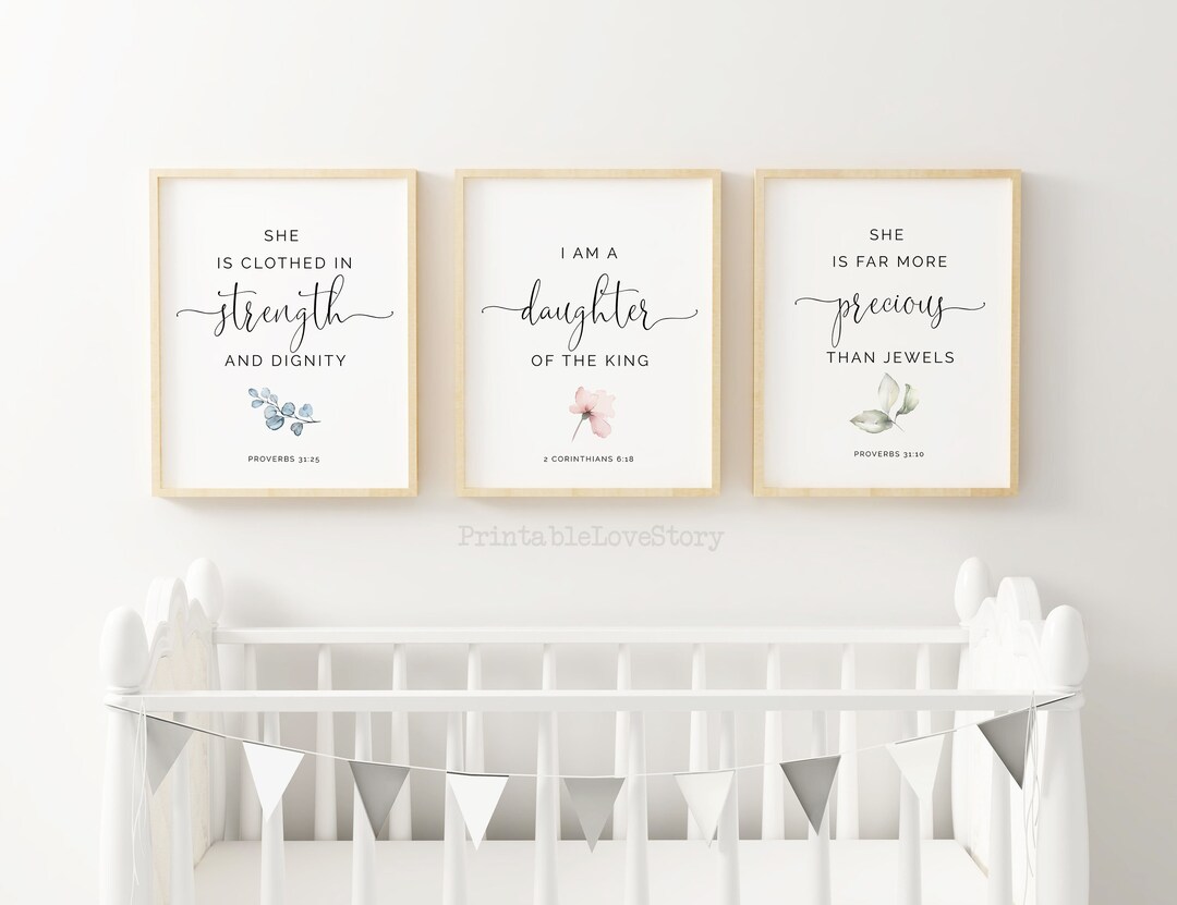 Nursery Bible Verse Printable,christian Nursery Wall Art,she is Clothed in Strength and Dignity ...