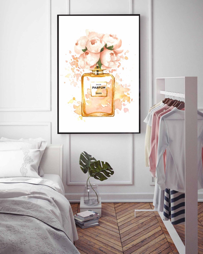 Perfume bottle print,Fashion printable,Watercolor flowers,Makeup wall art,Bedroom decor,Designer perfume,Fashion poster,Peony print,large image 3