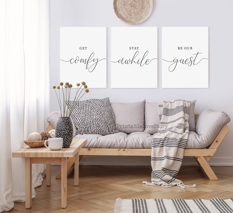 Get Comfy,Stay A While,Be Our Guest,Set of 3 Wall Art,Guest Room Decor,Be Our Guest Sign,Guest Room Signs,Guest Room Prints,Wedding Table image 1