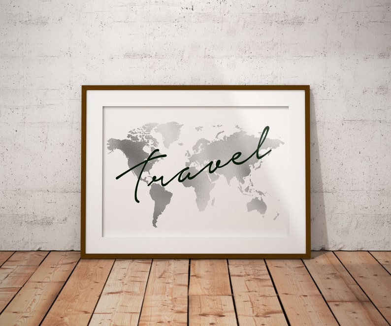 World Map Print,Silver Foil Map,Travel poster,Adventure,Faux foil Map,Map of the World,Travel gift,office decor,silver print,travel decor,