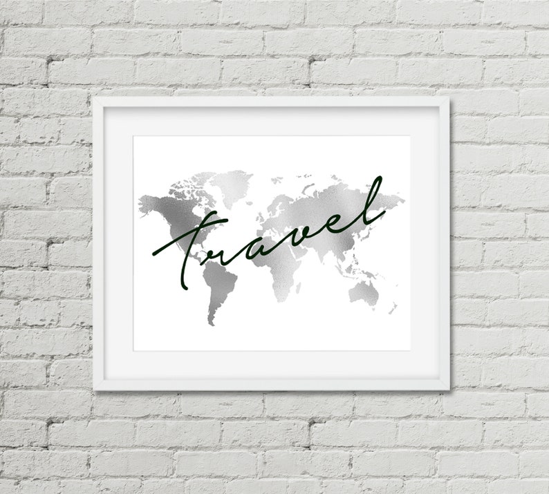 World Map Print,Silver Foil Map,Travel poster,Adventure,Faux foil Map,Map of the World,Travel gift,office decor,silver print,travel decor,