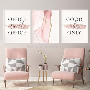 Home office decor,Office sweet office sign,Office blush decor,Good vibes only printable,Office wall art set,Fluid abstract art,Blush decor image 1