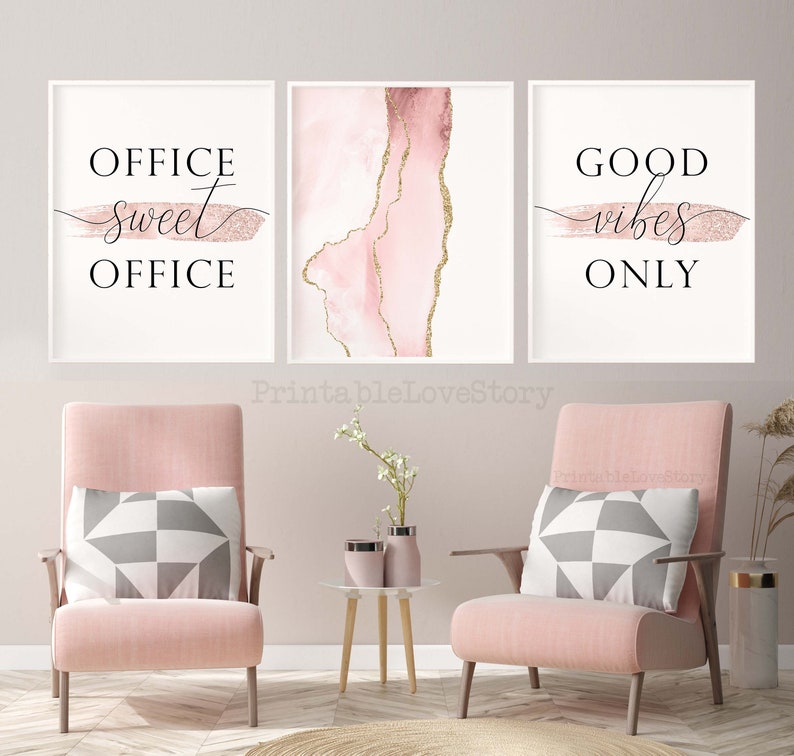 Home office decor,Office sweet office sign,Office blush decor,Good vibes only printable,Office wall art set,Fluid abstract art,Blush decor image 1