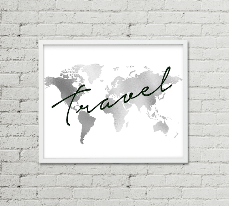 World Map Print,Silver Foil Map,Travel poster,Adventure,Faux foil Map,Map of the World,Travel gift,office decor,silver print,travel decor,