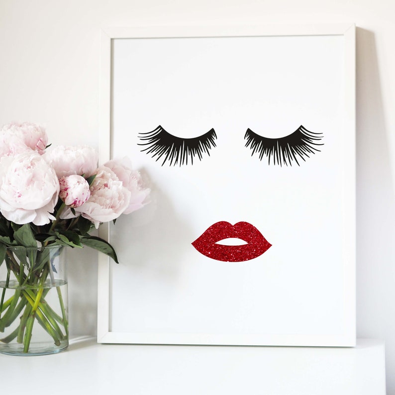 Lips & Lashes Makeup Print INSTANT Download Digital Printable Watercolor Wall Decor Art, eyelashes, eyelash, lash fashion print, red lips image 1