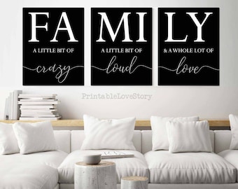 Juego de láminas con frases familiares, decoración del hogar en blanco y negro (descarga digital)
