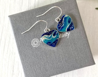 Heart earrings blue and silver ocean design 1.5 cm