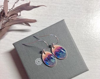 Dangle Earrings Ovals in pinky blue sky design sterling silver 1.5 cm long