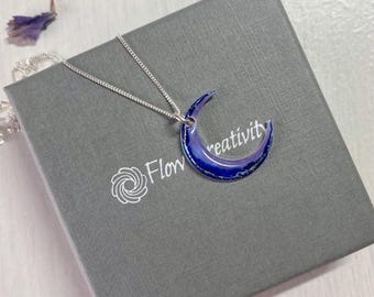 Moon Pendant sparkling blue sterling silver 2 cm long