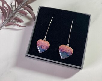 Dangle Earrings with Hearts in pink and blue dusky sky design sterling silver. OOAK