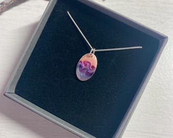 Pendant Oval 1.5 cm long sterling silver pinky blue sky design