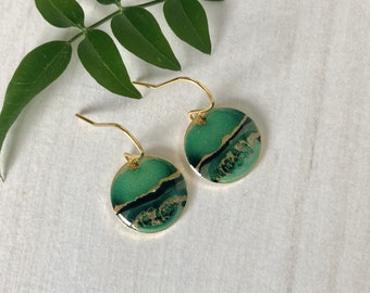 Dangle earrings 1.4cm diameter green and gold landscape design