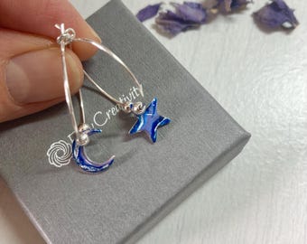 Hoop Earrings with Moon and Star sparkling blue 2 cm diameter sterling silver
