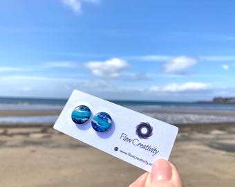 Stud earrings blue and silver ocean design 13 cm diameter