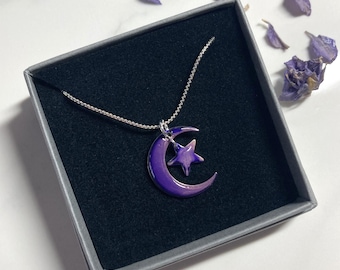 Moon and Star Pendant in mystical purple design 2 cm sterling silver