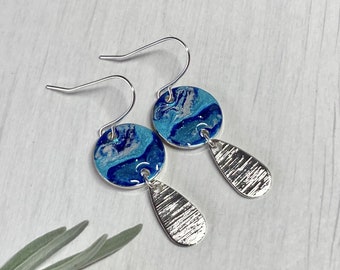 Dangle earrings with textured drop blue and silver ocean design 3 cm long