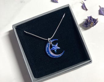 Moon and Star Pendant sparkling blue sterling silver 2 cm long