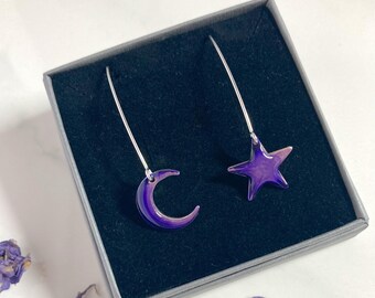 Dangle Earrings with Moon and Star  in metallic purple design sterling silver