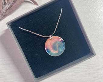 Pendant 2 cm in pinky blue sky design recycled sterling silver
