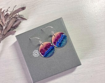 Dangle earrings 2 cm diameter recycled sterling silver pinky blue sky design