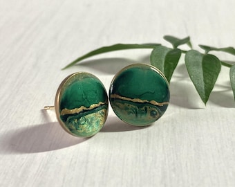 Stud earrings green and gold landscape design 1.2 cm diameter