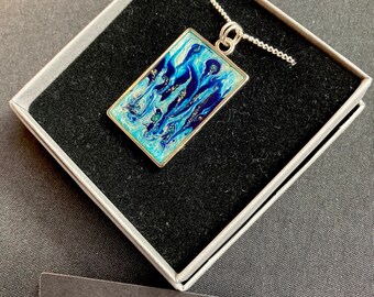 silvertone silver plated chain Sea shimmer pendant OOAK hand painted in blue and turquoise metallics with glitter