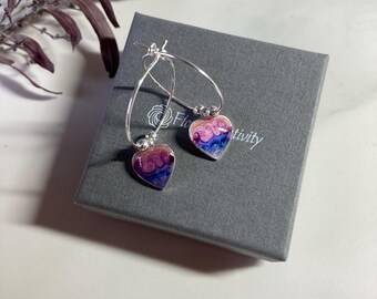 Hoop Earrings with Hearts in pinky blue sky design sterling silver 2 cm diameter