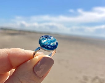 Adjustable Ring blue and silver ocean design