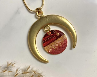 Moon and Sun Pendant red and gold painted design