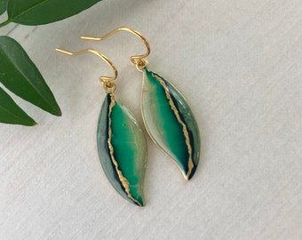 Dangle earrings green and gold leaf shape