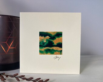 Miniature abstract greetings card green and gold artwork for all occasions