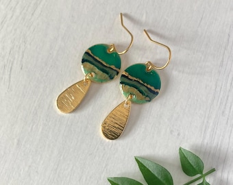 Dangle earrings with textured drop green and gold landscape design 2.5 cm long