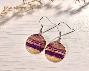 Arran Flow dangle earrings mauve and gold sunset design with sand