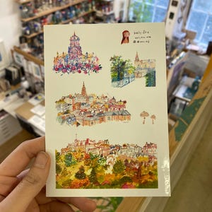 Foglio di adesivi con la città di Edimburgo - impermeabile - acquerello