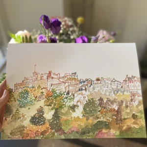 Giclée - Edinburgh Landschaft - Edinburgh Castle mit Bäumen - Aquarell - Malerei - Wandkunst - Druck - Schottland - A4 - A3