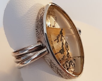 Designer silver ring with beautiful dendriden quartz in autumn colours, unique, handmade