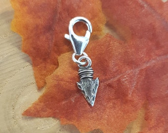 Sterling silver arrowhead charm, wearable on a bracelet or necklace, also available as stud earrings