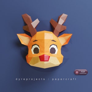 Plantilla de papel del reno Rodolfo – Arte mural 3D DIY – Descarga instantánea