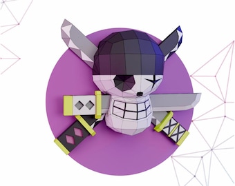 Pirate Swordsman Skull Papercraft Template – 3D DIY Wall Art – Instant Download