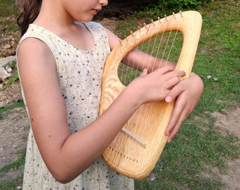 10 String Lyre Harp, Ash Wood, Hand carved, Pentatonic Musical Instrument
